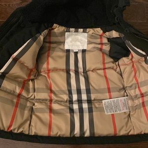 Burberry Black Puffer Coat w Nova Check and Fur hood